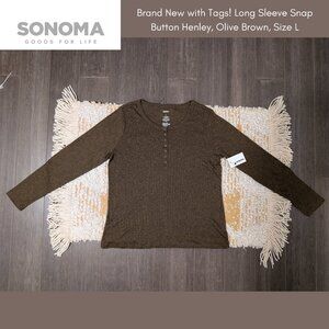 Sonoma, Long Sleeve Ribbed Henley, Olive Brown, Size L
